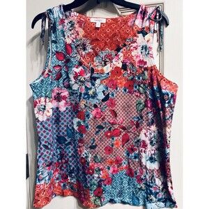 Concepts Women’s Medium Floral Sleeveless Rhinestone Patchwork Pink Blue Coral